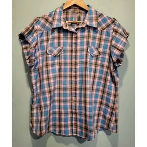 Vtg Wrangler Plaid Pearl Snap Western Short Sleeve Shirt Womens 2X